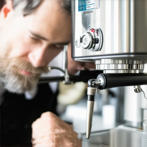 A barista cleaning an espresso machine with brushes and cleaning solutions in a cafe environment.