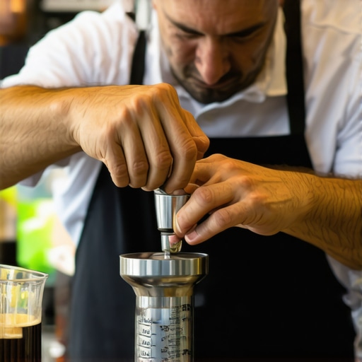 A barista demonstrating proper tamping posture with an ergonomic setup and calibrated tamper.