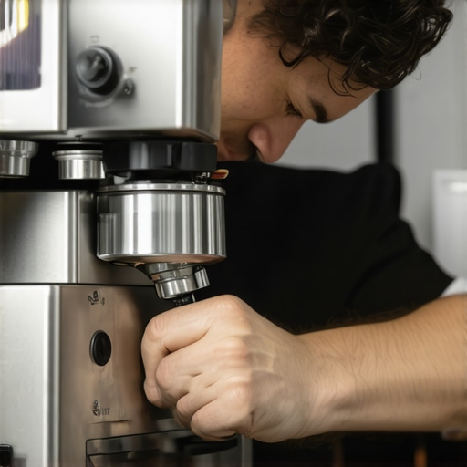 Barista calibrating grinder with precision tool A barista using a calibration tool on an espresso grinder in a bright, professional kitchen
