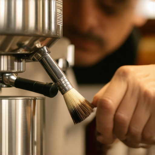 Close-up of a barista cleaning an espresso machine's steam wand with a brush.