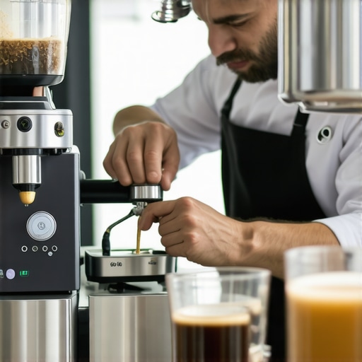 A barista using calibration tools on an espresso grinder in a well-equipped coffee lab.