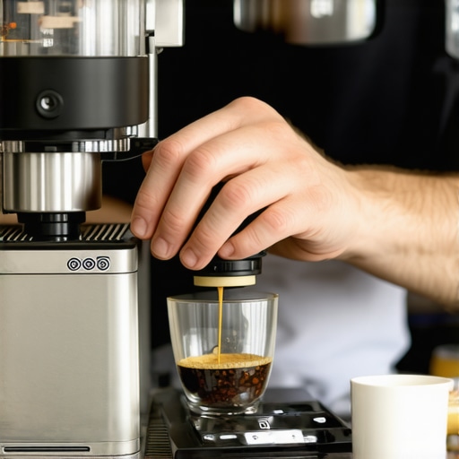 Barista calibrating espresso grinder using a digital scale and calibration weight in a cafe