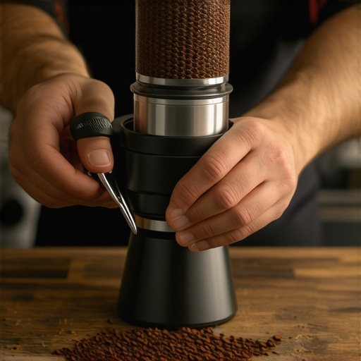A person fine-tuning a commercial coffee grinder's burrs to improve espresso flavor