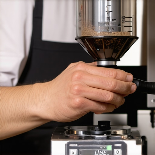 Barista adjusting the grind size using a digital scale for precise espresso brewing.