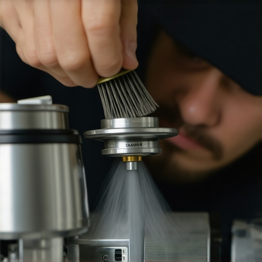 A detailed shot of a barista using a soft brush and compressed air to clean a coffee grinder's burrs.