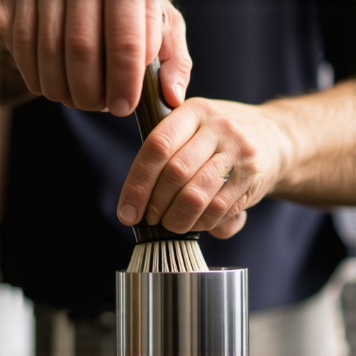 A close-up image showing a barista cleaning grinder burrs with a brush, emphasizing maintenance.