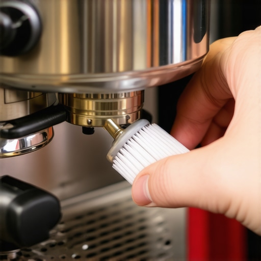 Person cleaning mineral buildup from the heating element of an espresso machine with a brush and descaling solution.