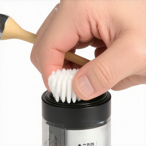 A person carefully cleaning the inner parts of a coffee grinder using cotton swabs and a small brush.