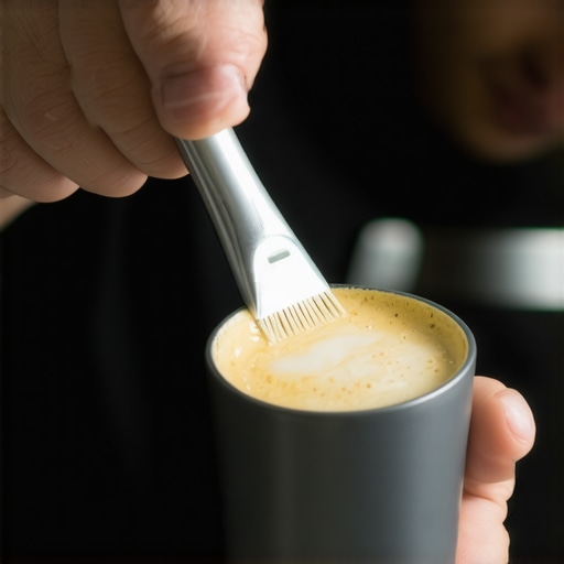 Close-up of a barista cleaning a coffee machine steam wand with a fine brush
