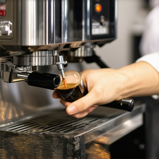 A detailed image showing a hand cleaning the group head of an espresso machine with a brush and cloth