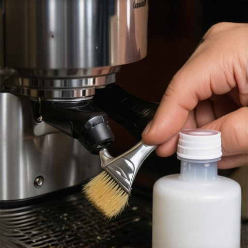 Person cleaning espresso machine's check valve with brush and descaling solution