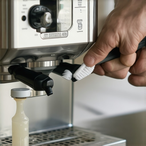 Person scrubbing espresso machine drip tray with a toothbrush and cleaning solution.