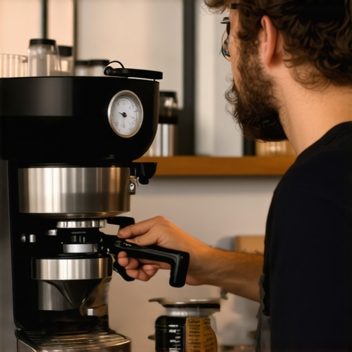 Barista fine-tuning coffee grinder with hygrometer visible in background, emphasizing environment management