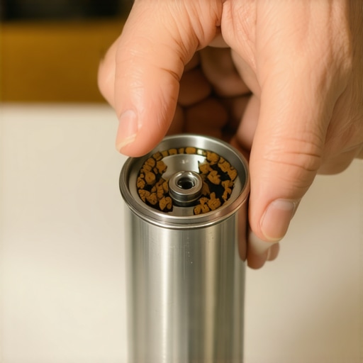 Person carefully taking apart a manual coffee grinder revealing the burrs and motor shaft