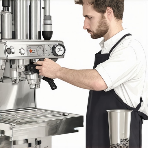 A detailed illustration showing a barista using gauges and tools to calibrate an espresso machine for optimal performance.