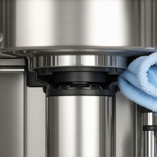 A barista cleaning an espresso machine with a cloth and brush, emphasizing maintenance steps