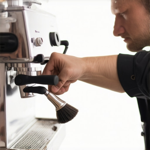 Barista cleaning espresso machine components to prevent flavor contamination.