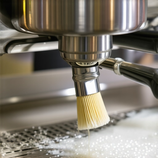 A barista meticulously cleaning an espresso machine’s group head with a brush, demonstrating proper upkeep.