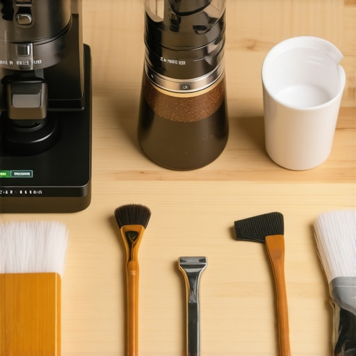 A set of specialized tools including a digital caliper, cleaning brushes, and a microfiber cloth arranged on a coffee bar