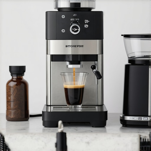 Essential Home Barista Tools Top-down view of high-quality coffee grinder, cleaning brushes, and espresso machine ready for maintenance.