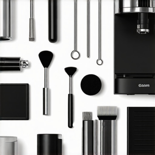 Essential Tools for Coffee Equipment Maintenance A home barista's workspace featuring espresso machine, grinder, and cleaning supplies neatly organized for maintenance.
