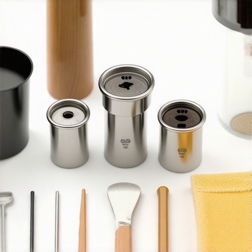 Essential Tools for Espresso Maintenance A set of grinder burrs, cleaning brushes, and calibration tools arranged neatly