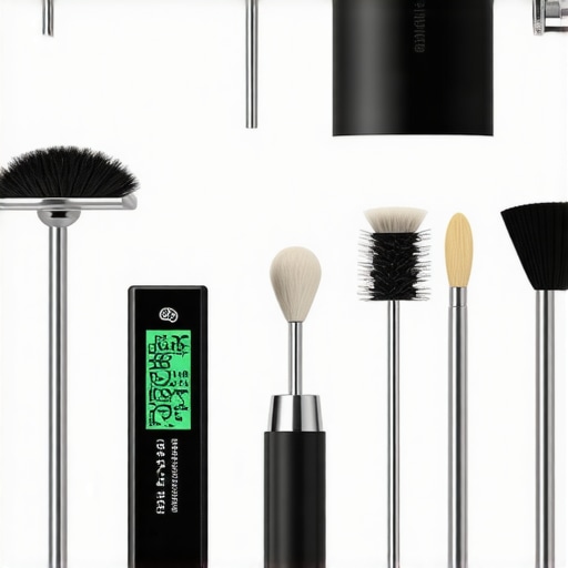 Tools like grinder calibration kit, cleaning brushes, thermometer, and water filters arranged for home baristas.