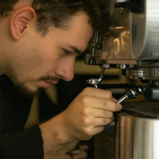 Close-up of hands carefully adjusting an espresso machine for optimal brewing