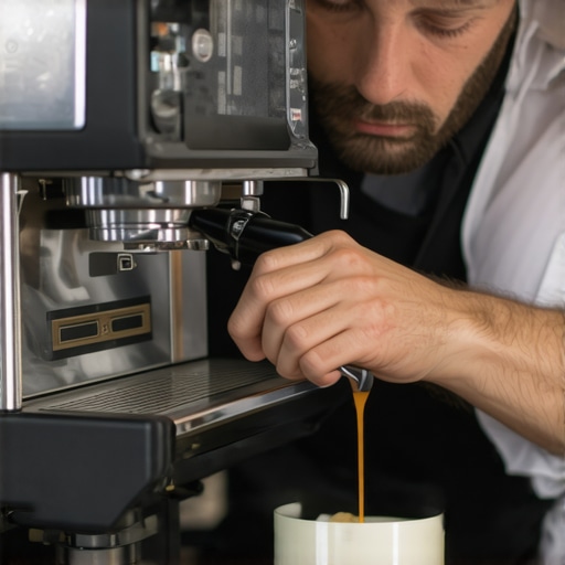 A barista meticulously cleaning an espresso machine with specialized tools.
