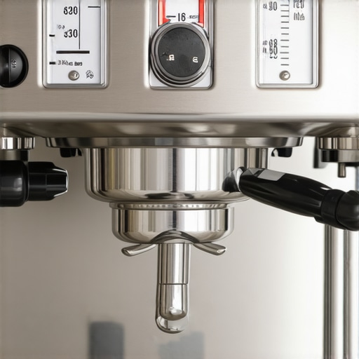 Detailed view of high-end espresso machine showing gauges and steam wand