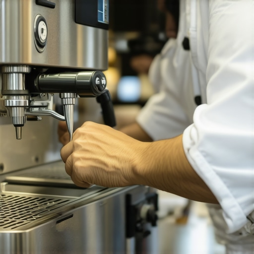 Expert maintenance of espresso equipment for longevity. Technician maintaining espresso machine valve to ensure optimal performance.