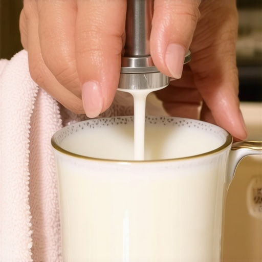 Person cleaning a milk frother with a microfiber cloth and mild soap.