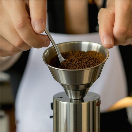 Barista transferring coffee grounds into a portafilter with a spoon to reduce static and clumping.