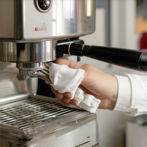 Person cleaning espresso machine gasket with a soft brush and cloth