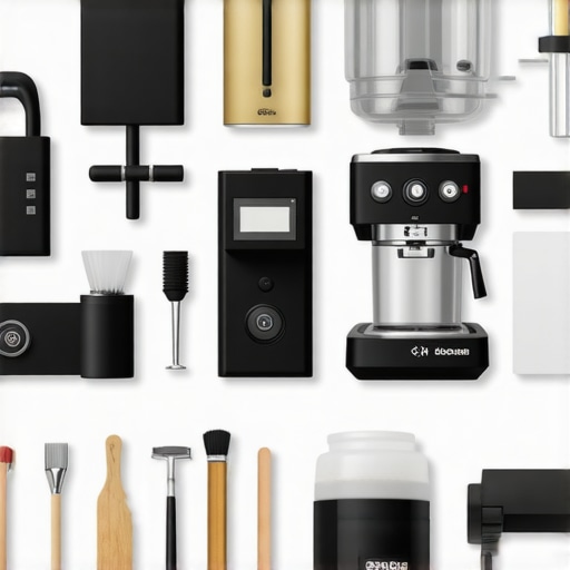 An organized collection of espresso maintenance tools including brushes, calibration scales, and cleaning solutions.