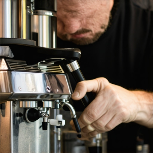 A person cleaning an espresso machine using brushes and cleaning cloths