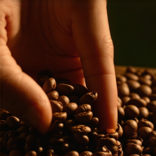 Close-up of a hand examining shiny, uniformly roasted coffee beans under a bright light.
