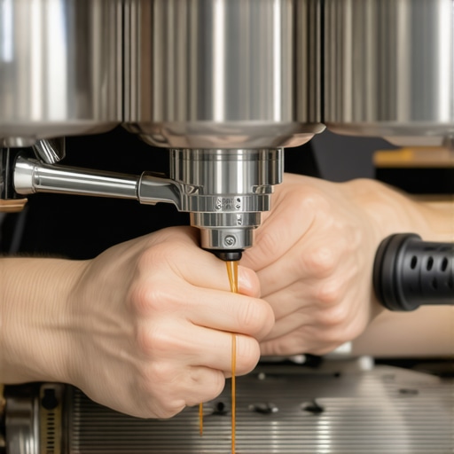 A barista examining the gasket and group head of an espresso machine for alignment and cleanliness