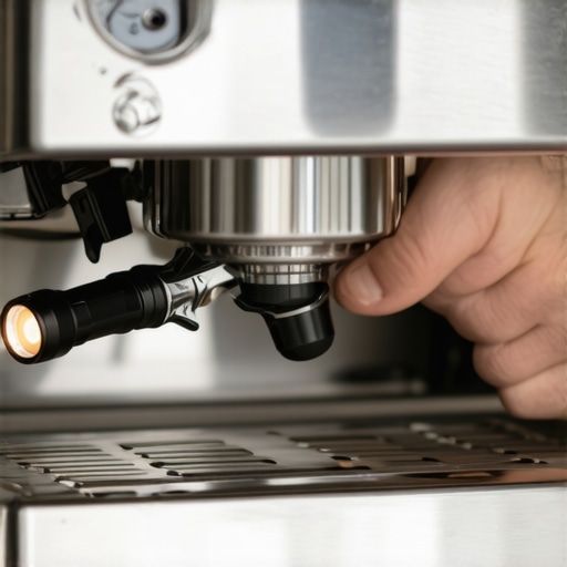 Close-up of a person checking the boiler seal for leaks on an espresso machine