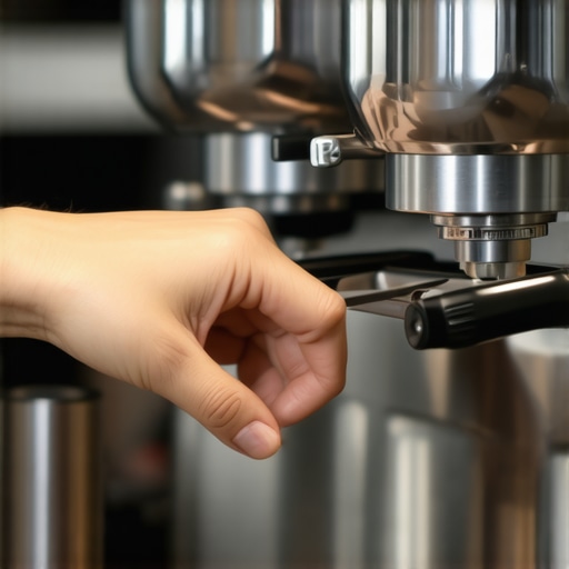 A person's hand cleaning and inspecting the gasket inside an espresso machine’s group head