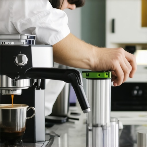 Person using a spirit level to level an espresso machine on a kitchen counter