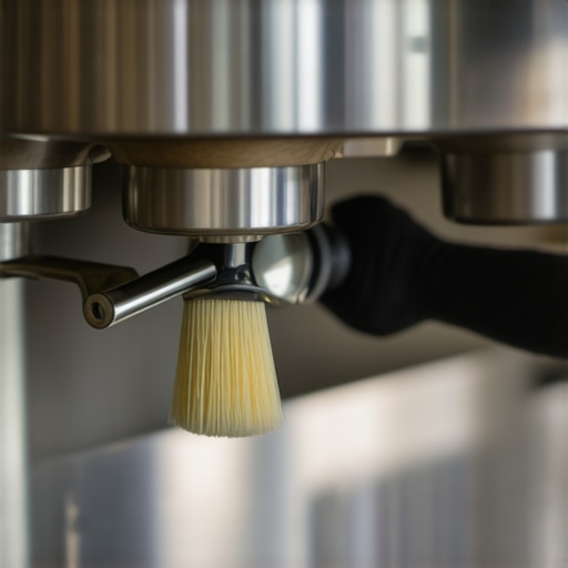 A hand applying food-grade lubricant to the pivot point of an espresso machine steam lever with a fine brush