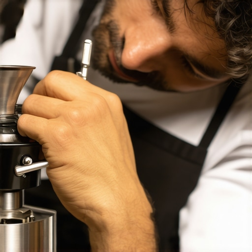 A hand using a caliper to measure espresso grinder burrs for calibration.