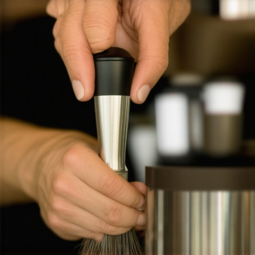 Maintaining Your Coffee Gear with Precision A skilled barista cleaning a coffee grinder with a small, specialized brush in a professional setup.