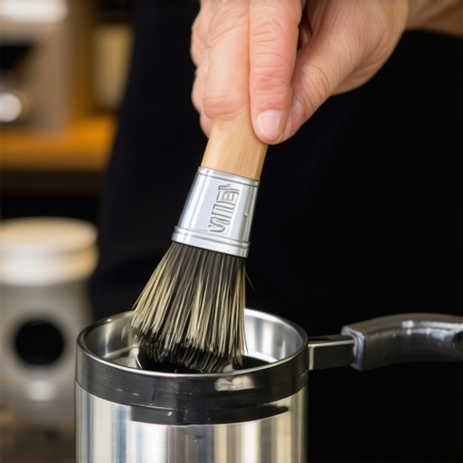 A close-up of a barista cleaning a coffee grinder with a brush for optimal performance