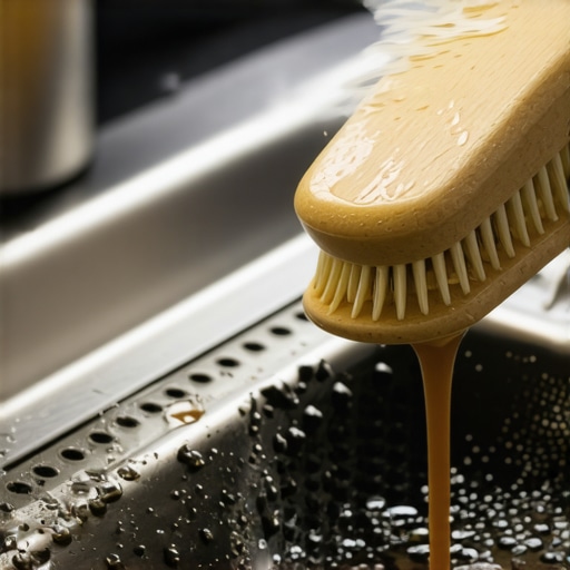 A close-up of a clean drip tray with water droplets and cleaning tools
