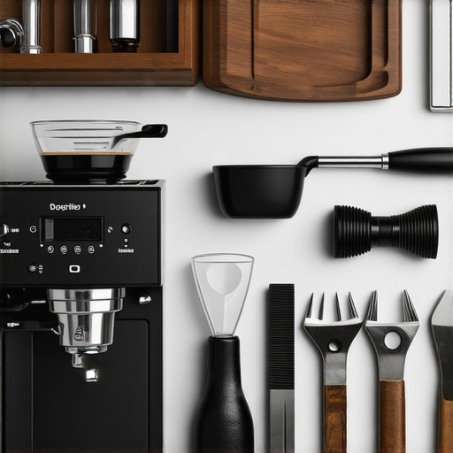A tidy and well-maintained home barista setup with tools correctly stored and the espresso machine polished.