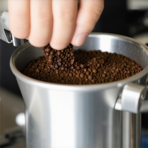 Barista tamping coffee evenly in portafilter to prevent grounds scatter