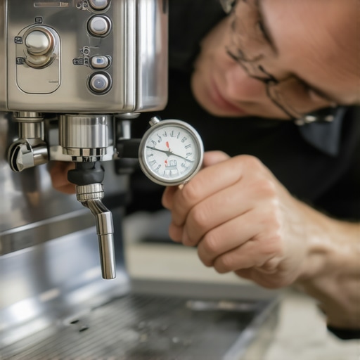 A close-up photo showing a hand adjusting a pressure gauge on an espresso machine.