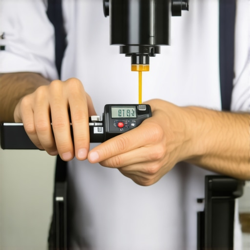 Person using a digital caliper to calibrate a commercial coffee grinder in a professional kitchen